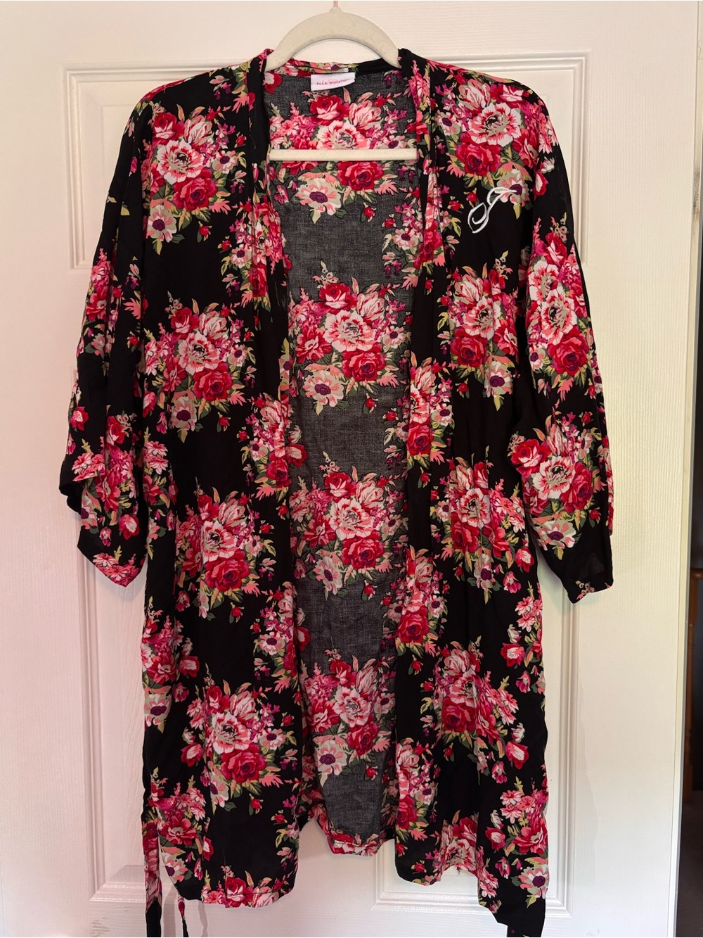 Floral Open-Front Kimono Robe - Black with Pink Floral